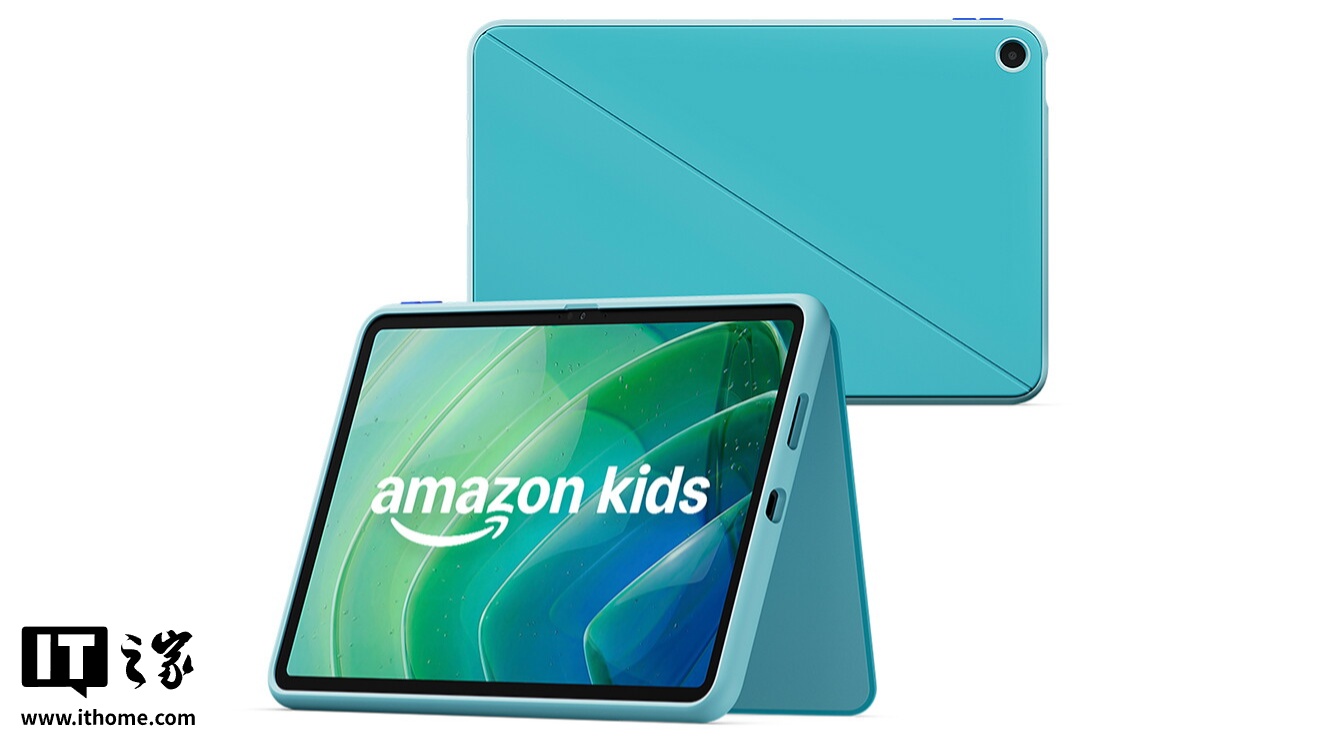 開いた状態で立て、画面を見せたタブレット。同じ商品の背面がその上側に配置されている。