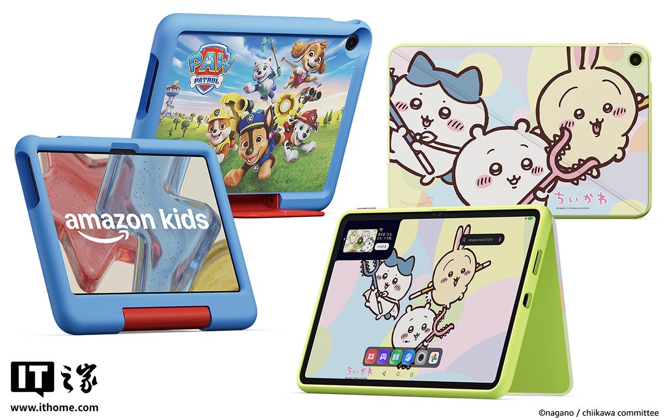 子供向けタブレット2モデルの前面と背面。左のモデルは画面にamazon kidsのロゴ、背面に犬のイラスト。右のモデルは画面と背面に同じキャラクター3体を表示